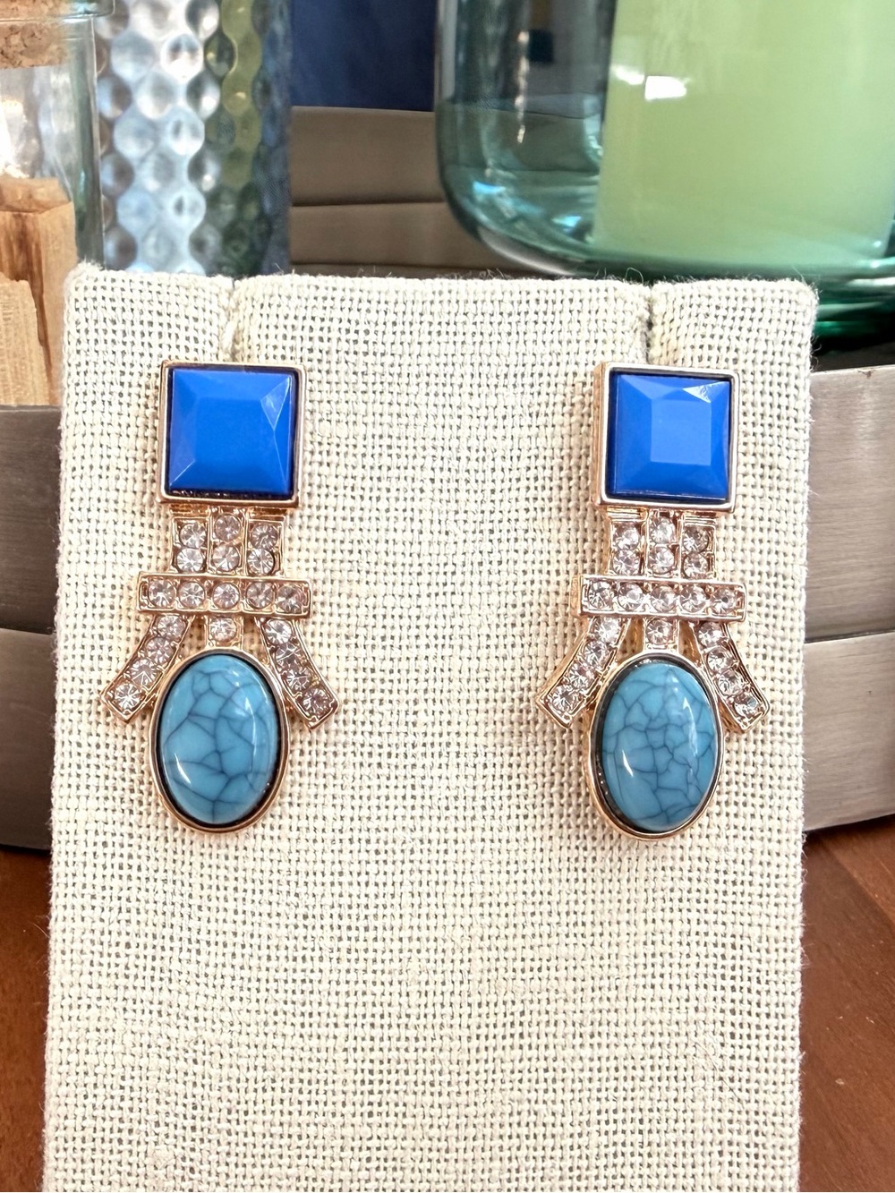 Vintage Blue Turquoise Color Rhinestone Art Deco Statement Earrings